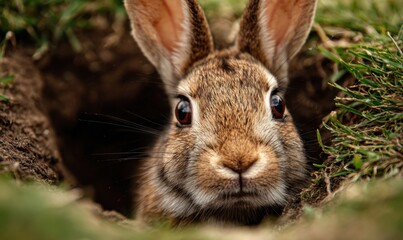 Fototapeta premium Rabbit peeking from burrow