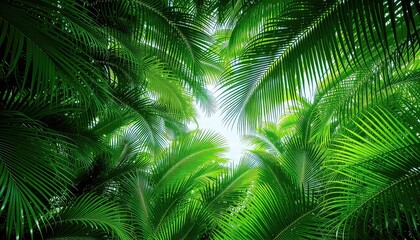 Palm Fronds Against a Bright Sky, Creating a Lush, Green Canopy with Patterns of Light and Shadow