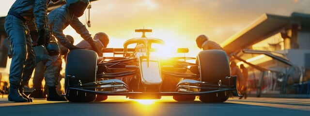 Naklejka premium Une voiture de Formule 1 futuriste lors d'un arrêt au stand avec l'équipe travaillant sur le véhicule, lumière de coucher de soleil, effet de reflet solaire, vue panoramique.