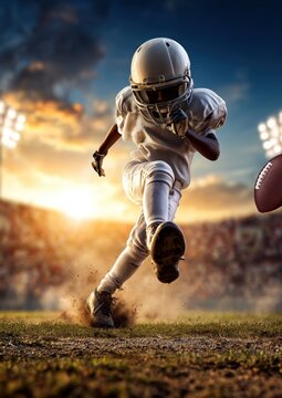 Un jeune gar&ccedil;on jouant au football am&eacute;ricain portant un maillot et un casque blanc tapant dans le ballon, lumi&egrave;res floues du stade et tribunes remplies de spectateurs en arri&egrave;re-plan.