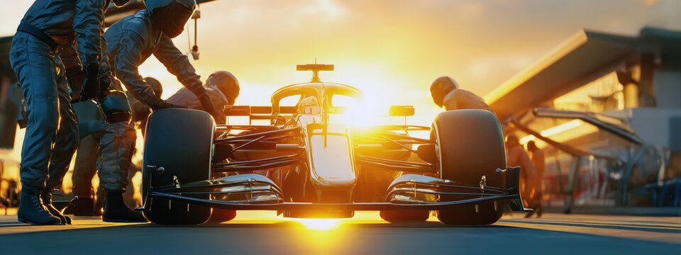 Une voiture de Formule 1 futuriste lors d'un arr&ecirc;t au stand avec l'&eacute;quipe travaillant sur le v&eacute;hicule, lumi&egrave;re de coucher de soleil, effet de reflet solaire, vue panoramique.