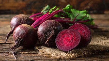 Fresh Red Beetroots on Rustic Wooden Table with Burlap Healthy Organic Food