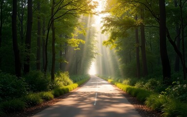 Fototapeta premium Road in a beautiful forest in the morning. High quality