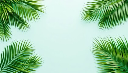 Tropical palm leaf border with vibrant green fronds, placed on a calming light blue background to create a fresh botanical frame
