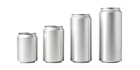 Four aluminum cans of varying sizes isolated on transparent background