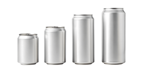 Four aluminum cans of varying sizes isolated on transparent background