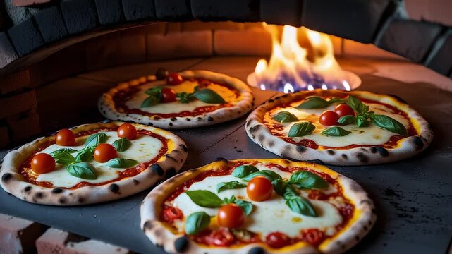 Delicious Italian pizzas baking in traditional wood fired brick oven with melted cheese, basil leaves, and tomatoes creating authentic cuisine