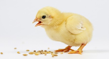 Fototapeta premium Poussin jaune mignon mange graines fond blanc lumi�re douce. AI Generated