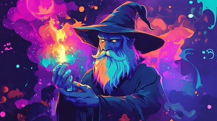 Wizard holding flame neon fantasy illustration