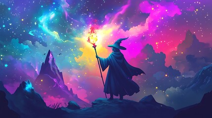 Wizard holding torch against colorful nebula