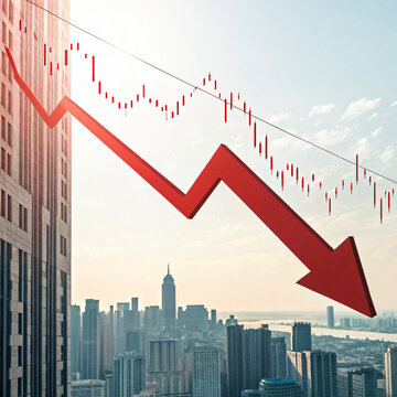 Market Crash Red Arrow Plunges Over City Skyline Isolated On Transparent Background