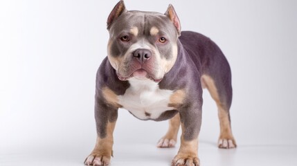 American Bully Face. Female Dog of Lilac Tri Color Standing with Serious Expression on White Background