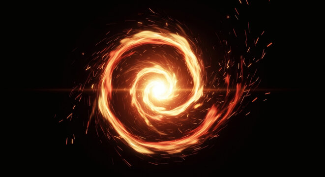 A dynamic vortex of whisked fire and energy, swirling into a luminous cosmic portal with glowing particles on a black background.