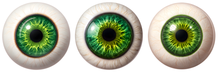 Set For green human eyeballs isolated on transparent background show intricate iris details