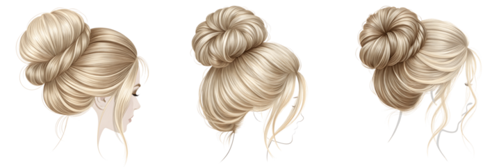 Set For Elegant blonde hair bun hairstyles isolated on transparent background