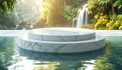Elegant marble platform near water featuring a natural cascade backdrop and verdant plant life creating a serene, tropical atmosphere