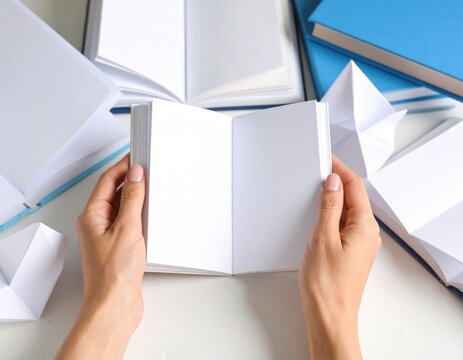 Woman Holding Open Book With Origami On White Desk