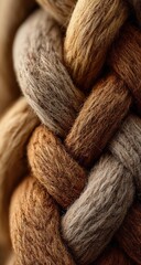 Close-up of a braided rope, featuring interwoven strands of tan and brown yarn