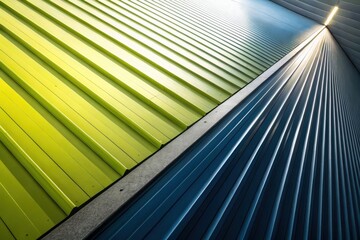 Abstract geometric pattern of corrugated metal panels in bright yellow and blue colors with strong diagonal lines and light