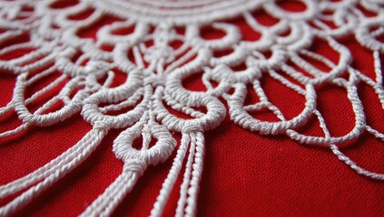 Close-up of intricate white crochet lace against a vibrant red backdrop