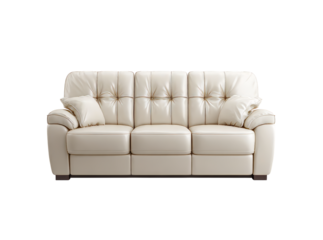 Elegant cream leather sofa three seater button tufted modern furniture, Isolated On Transparent Background