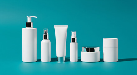Blank white cosmetic bottles, tubes, and jars on turquoise background for beauty packaging mockup