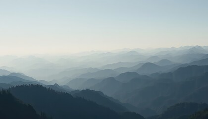 Fototapeta premium Layered Mountains Diminish into Hazy Distance with Rolling Hills and Sparse Tree Line Under Soft, Pale Light