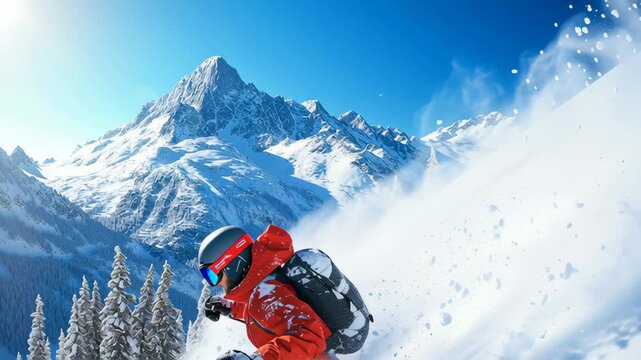 Athlete in red jacket skiing downhill through fresh snow in alpine mountain landscape on sunny winter day, showing adventure and winter sports
