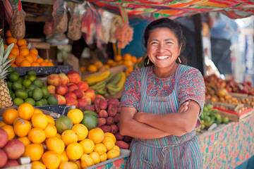 Obraz premium A Latin American street vendor selling fresh fruit at a colorful outdoor market, vibrant produce on display, smiling while interacting with customer.