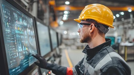 Factory worker in safety gear interacting with touch screen displaying data and graphs inside industrial facility. Modern manufacturing automation. - Powered by Adobe