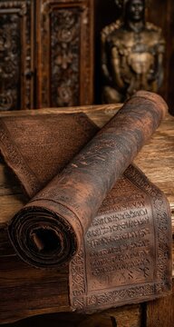 Rolled brown leather table runner on a wooden table.  Intricate, distressed design.  Antique-style setting