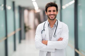 A young Latin American male doctor standing in a modern hospital hallway, wearing a white coat and stethoscope, smiling confidently at the camera, clean medical environment.