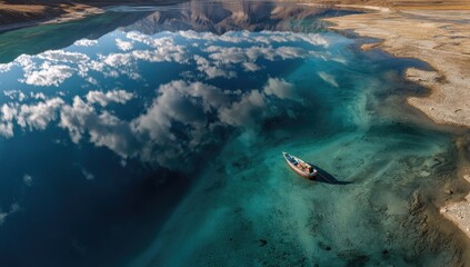 Tranquil lake, mirrored clouds, lone boat