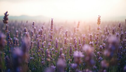 Obraz premium Field of Lavender with Glowing Sunlight in the Horizon, a Serene and Relaxing View of Blooming Purple Flowers