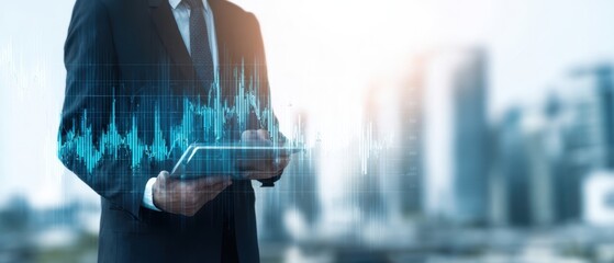 The businessman analyzing data trends on a tablet in a modern cityscape.
