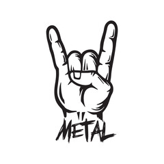 Metal music hand sign. Rock on devil horns gesture with text, a symbol of heavy metal and rock culture. Black and white graphic illustration.

