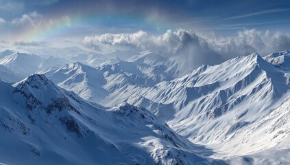 Naklejka premium Vast snowy mountain range with rainbow