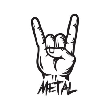 Metal music hand sign. Rock on devil horns gesture with text, a symbol of heavy metal and rock culture. Black and white graphic illustration.
