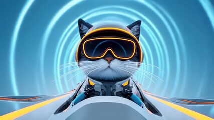 Futuristic Cat Pilot in High-Tech Cockpit with Stylish Goggles and Glowing Background