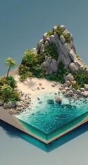Fototapeta premium Isometric view of a tropical beach. A small island with rocks, sand, lush vegetation, and turquoise water. A stylized, pixelated, 3D rendering