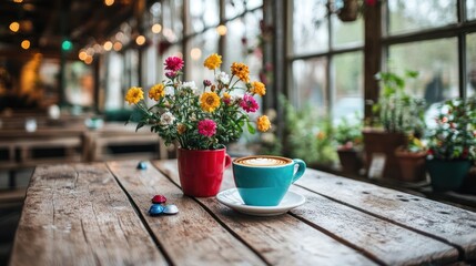 Cafe table with flowers and coffee, cozy interior. Possible use Stock photo for a blog or website about cafes