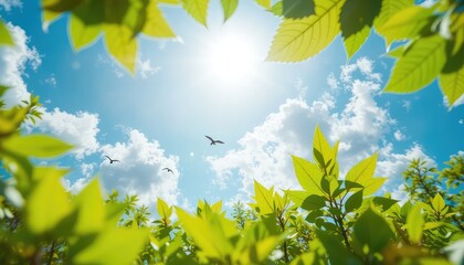 Looking up at the bright sky with birds through vibrant green leaves of treetop canopy
