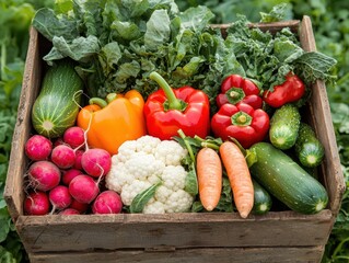 A vibrant assortment of fresh vegetables, including peppers, zucchini, cauliflower, and radishes, arranged in a rustic wooden crate.