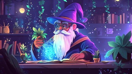 Wizard studying plants