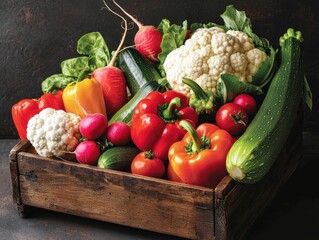 A vibrant assortment of fresh vegetables in a wooden crate, featuring colors like red, yellow, and green.