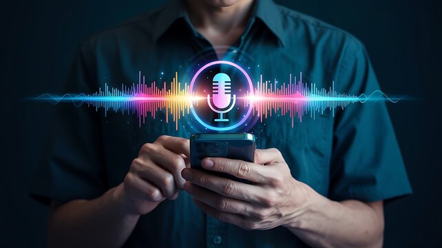 Man holding a smartphone with a glowing microphone icon and colorful sound wave visualization emanating from the screen representing voice technology