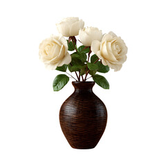 Elegant White Roses in a Textured Vase Against a transparent backdrop, Creating a Striking Contrast