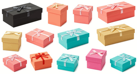 Varied gift boxes ribbons square rectangle diverse colors on white some with lids some with bows