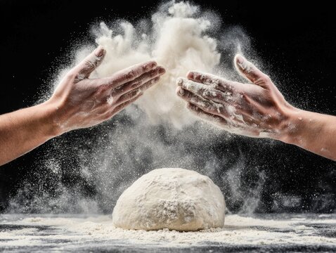 Two hands surround a mound of dough, with flour flying in the air, capturing the essence of baking and culinary creativity. - Powered by Adobe
