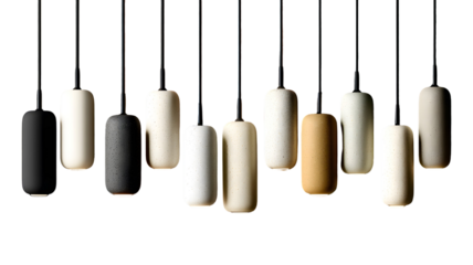 Modern minimalist hanging lamps in various colors against transparent background